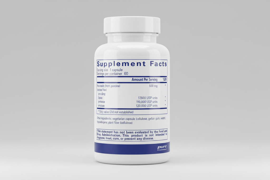 Supplement facts label for a pancreatic enzyme supplement with serving size and nutritional information.