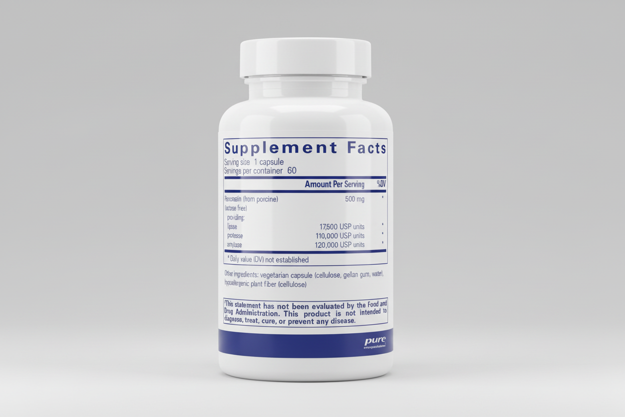 Supplement facts label for a pancreatic enzyme supplement with serving size and nutritional information.