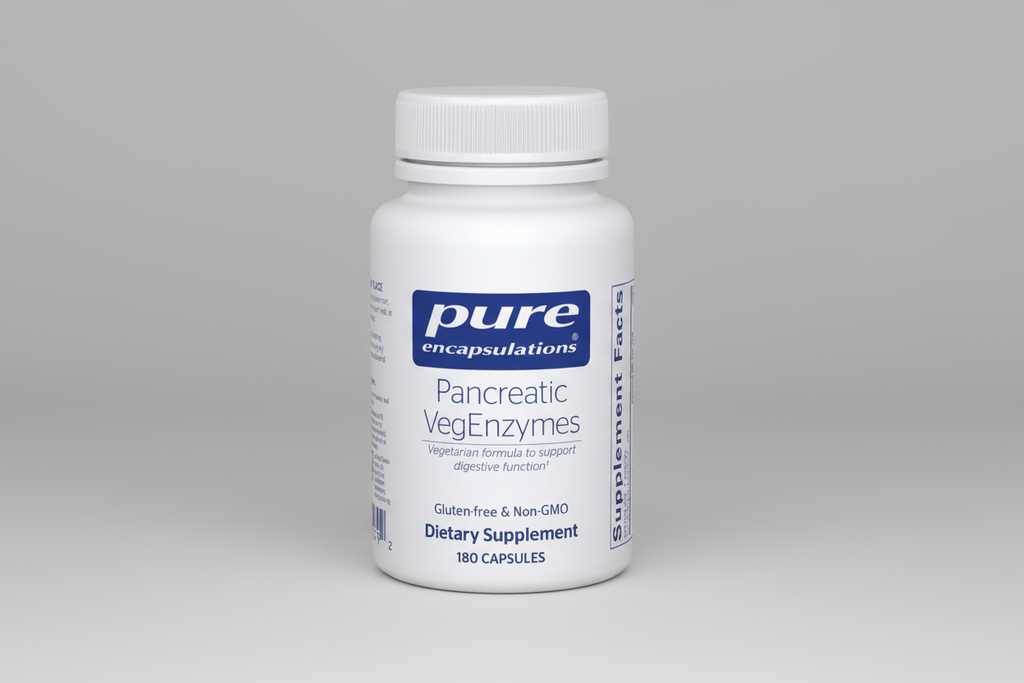 White supplement bottle labeled 'pure encapsulations Pancreatic VegEnzymes' on a white background