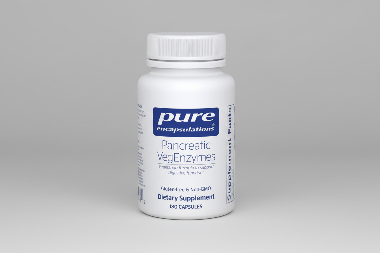 White supplement bottle labeled 'pure encapsulations Pancreatic VegEnzymes' on a white background