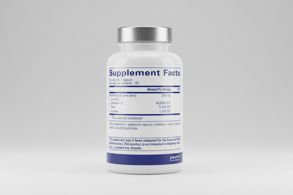 Supplement facts label for a proprietary enzyme blend with serving size and container details.