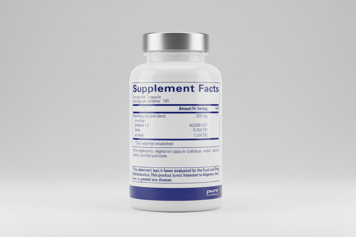 Supplement facts label for a proprietary enzyme blend with serving size and container details.
