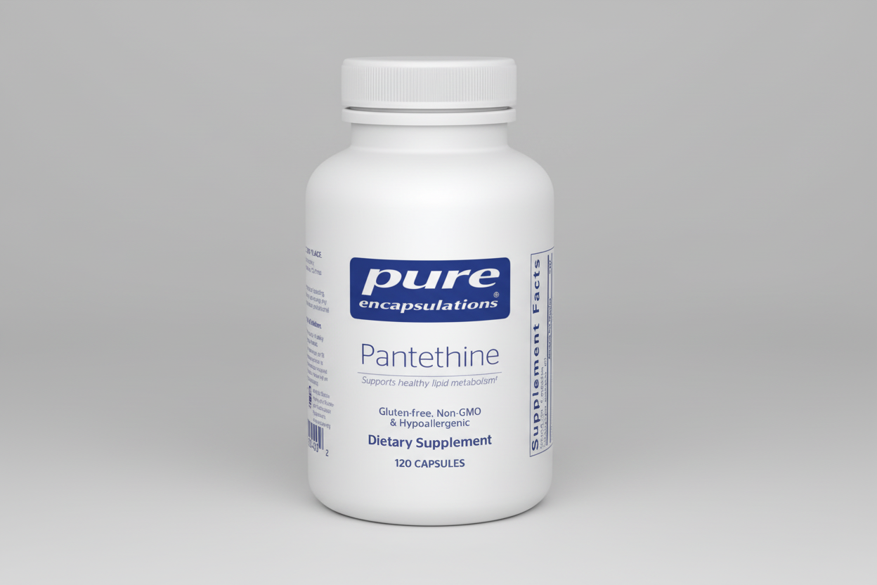 White supplement bottle labeled 'pure encapsulations Pantethine' on a white background
