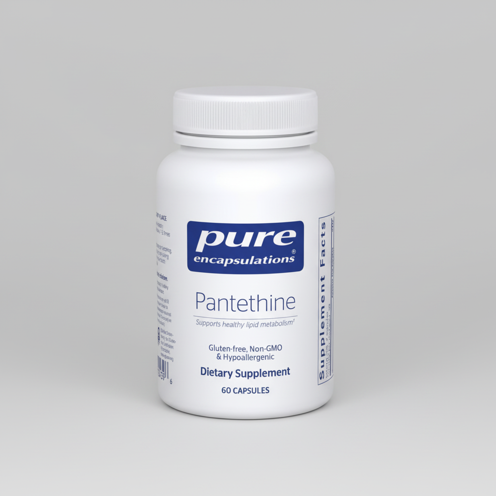 White supplement bottle labeled 'pure encapsulations Pantethine' on a white background