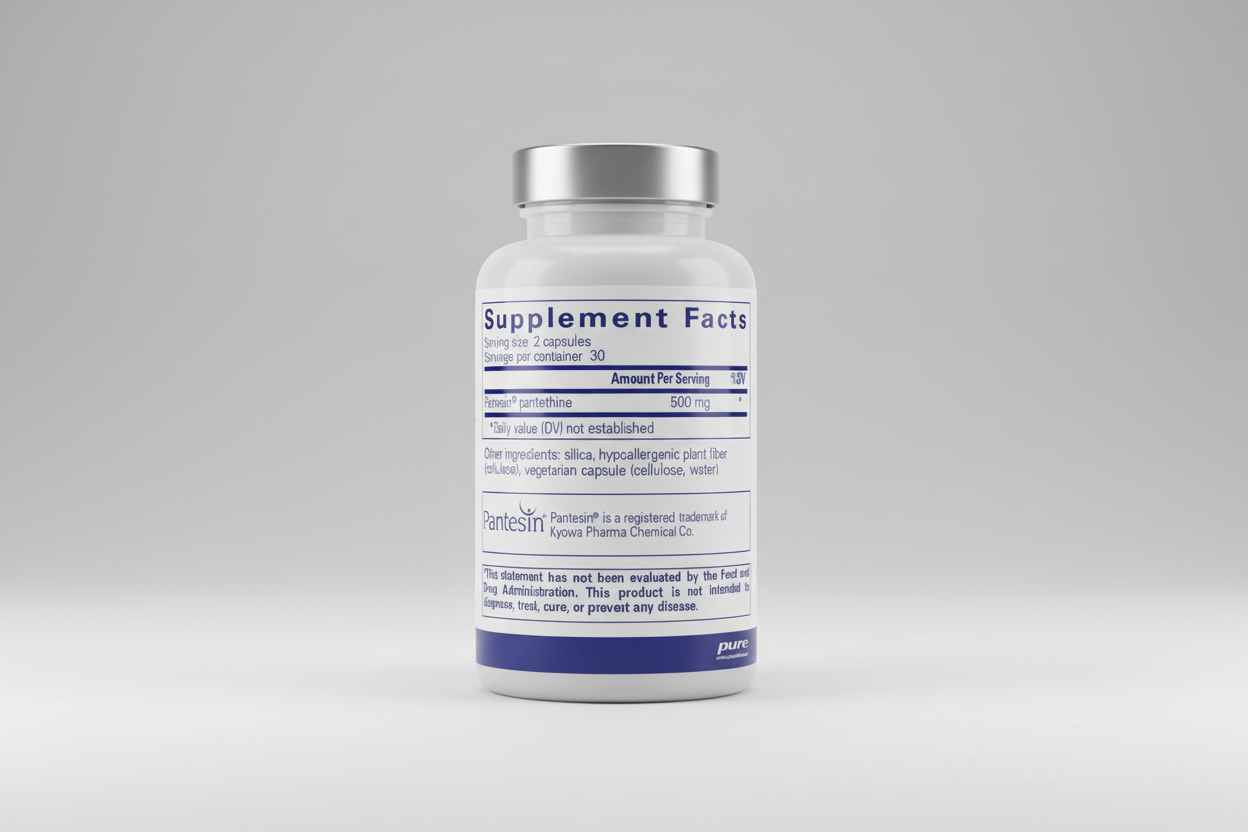 Supplement facts label for Pantesin with serving size, servings per container, and ingredient list.