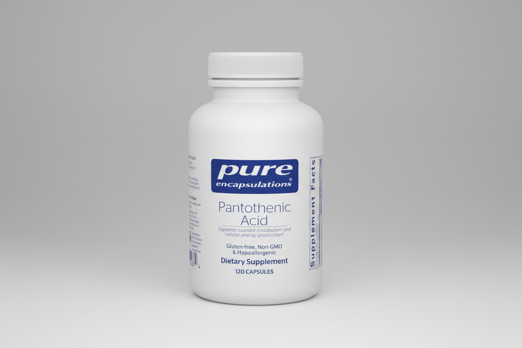 White supplement bottle labeled 'pure encapsulations Pantothenic Acid' on a white background
