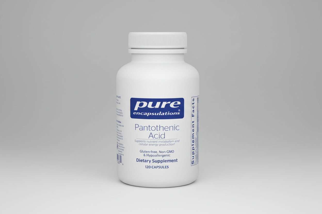 White supplement bottle labeled 'pure encapsulations Pantothenic Acid' on a white background