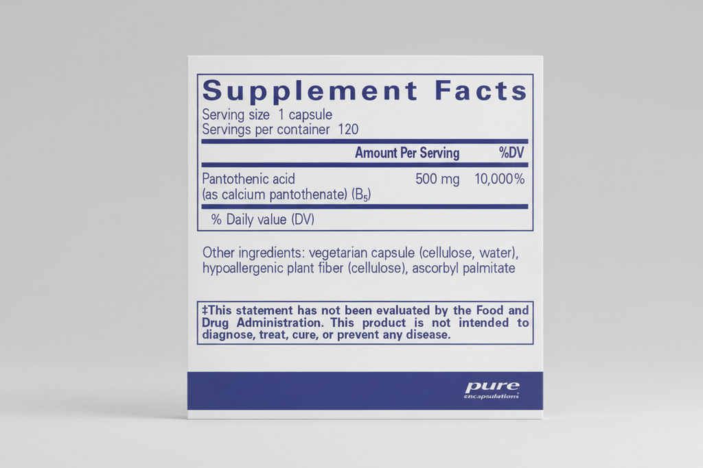 Supplement facts label for pantothenic acid capsules with pure encapsulations branding.