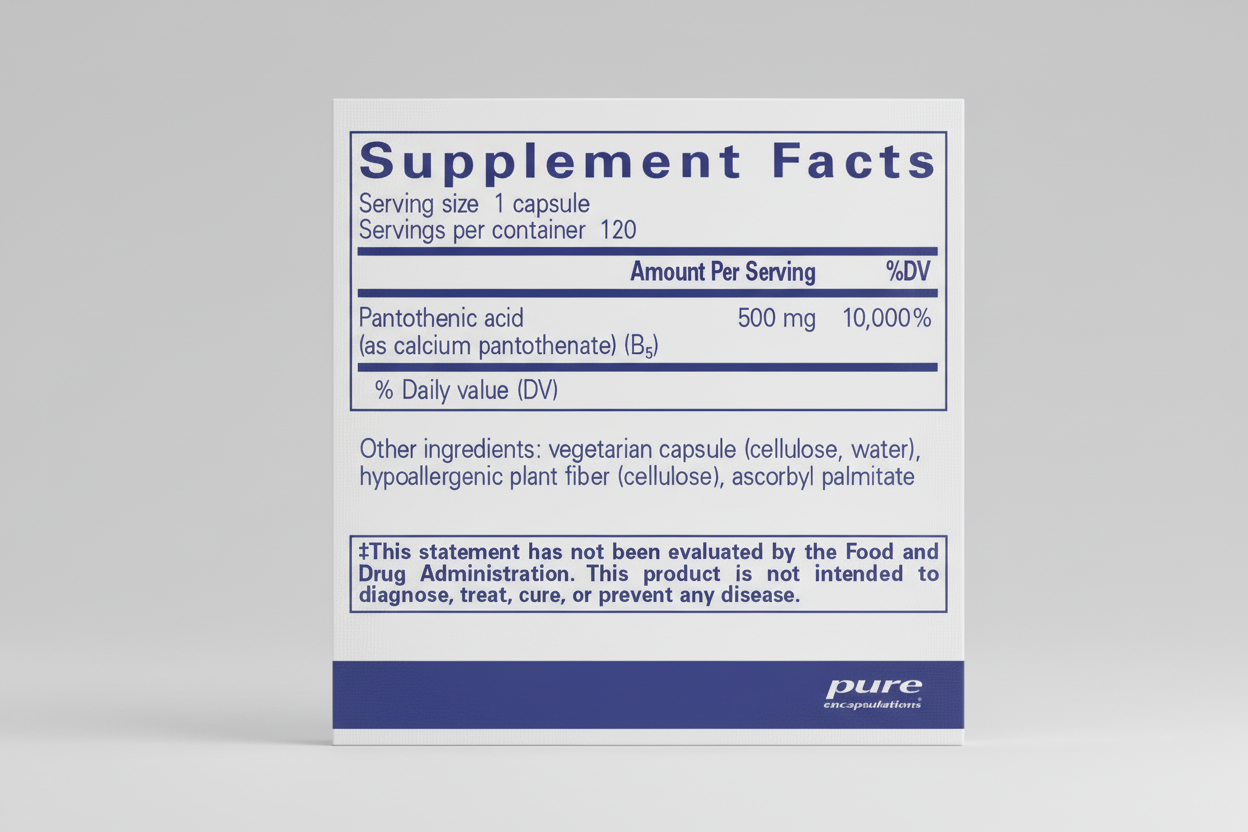 Supplement facts label for pantothenic acid capsules with pure encapsulations branding.