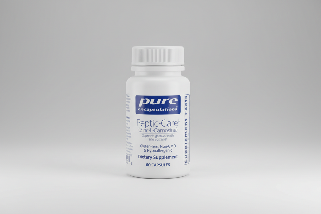 White supplement bottle labeled 'pure encapsulations Peptic-Care' on a white background
