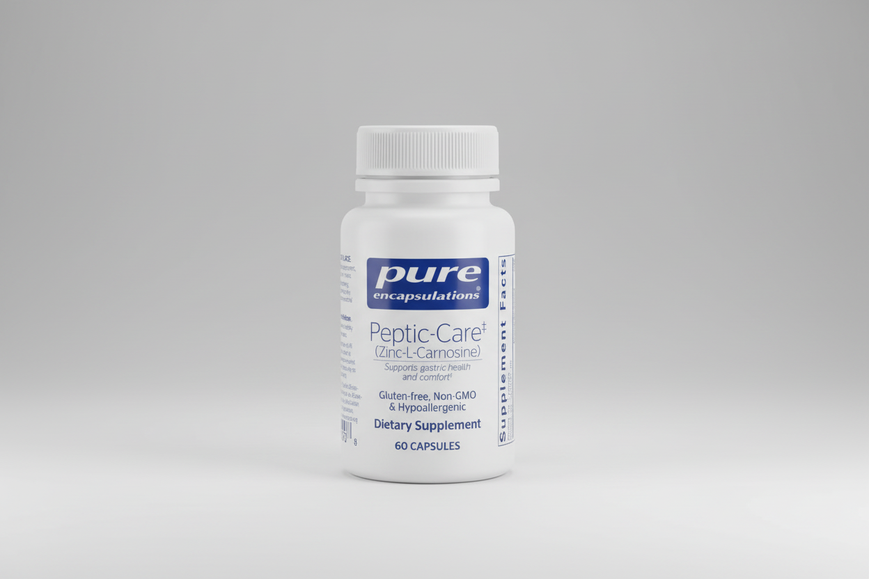 White supplement bottle labeled 'pure encapsulations Peptic-Care' on a white background