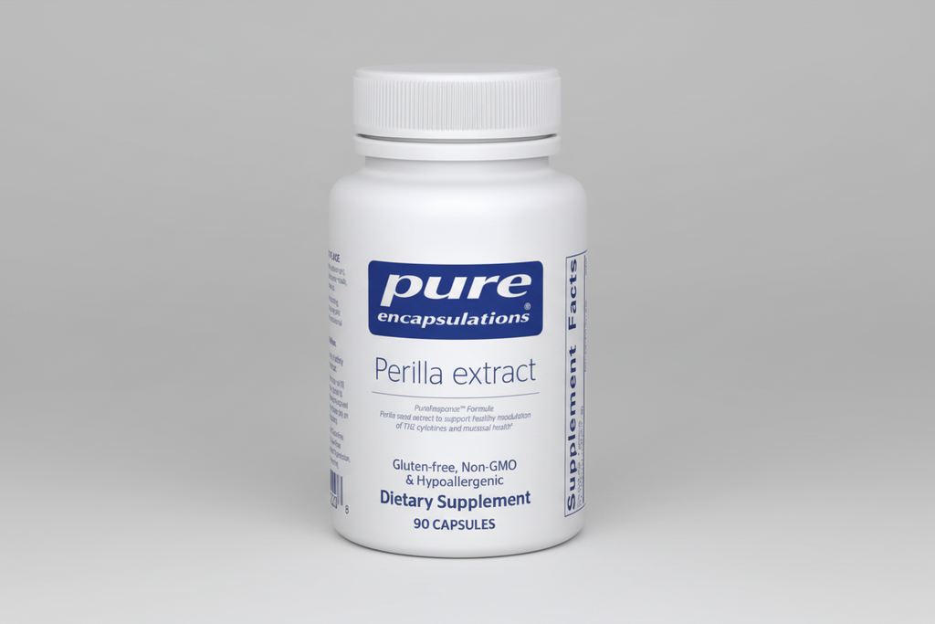 White supplement bottle labeled 'pure encapsulations Perilla extract' on a white background