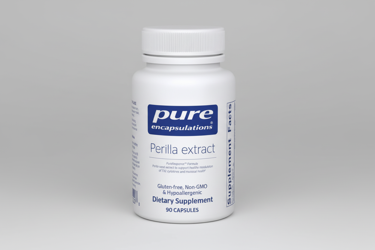 White supplement bottle labeled 'pure encapsulations Perilla extract' on a white background