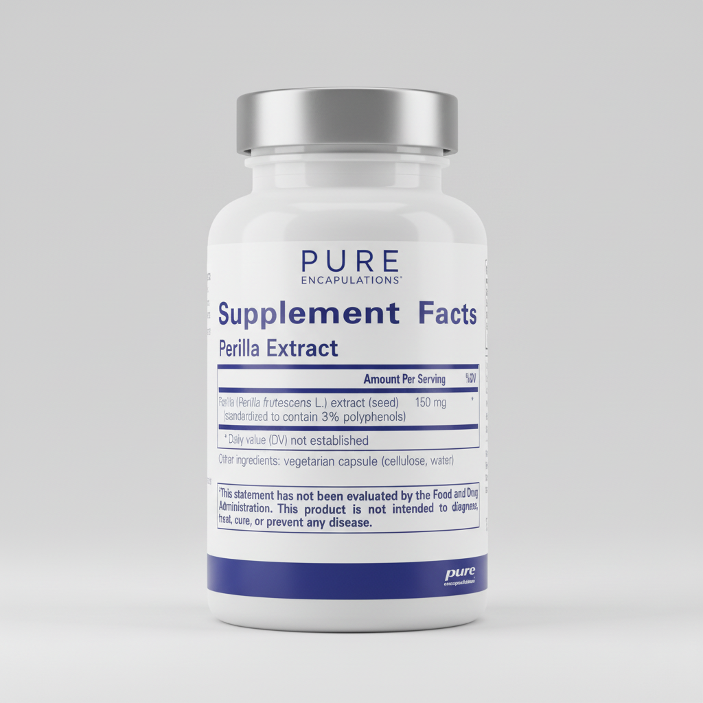 Supplement facts label for Perilla extract with serving size and container information.