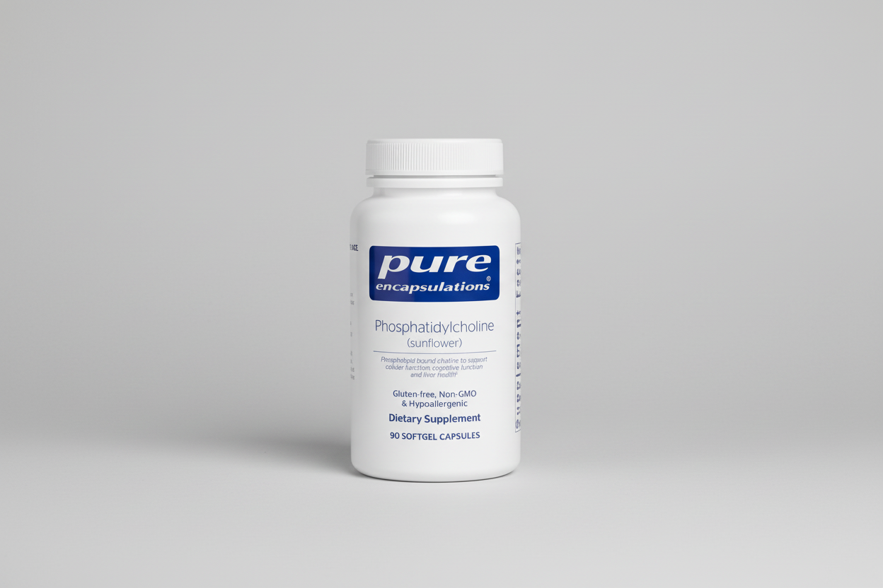 Supplement bottle labeled 'pure encapsulations' on a white background