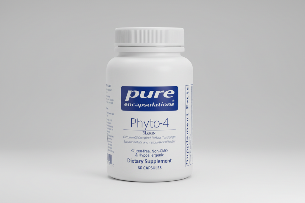 White supplement bottle labeled 'pure encapsulations Phyto-4' on a white background