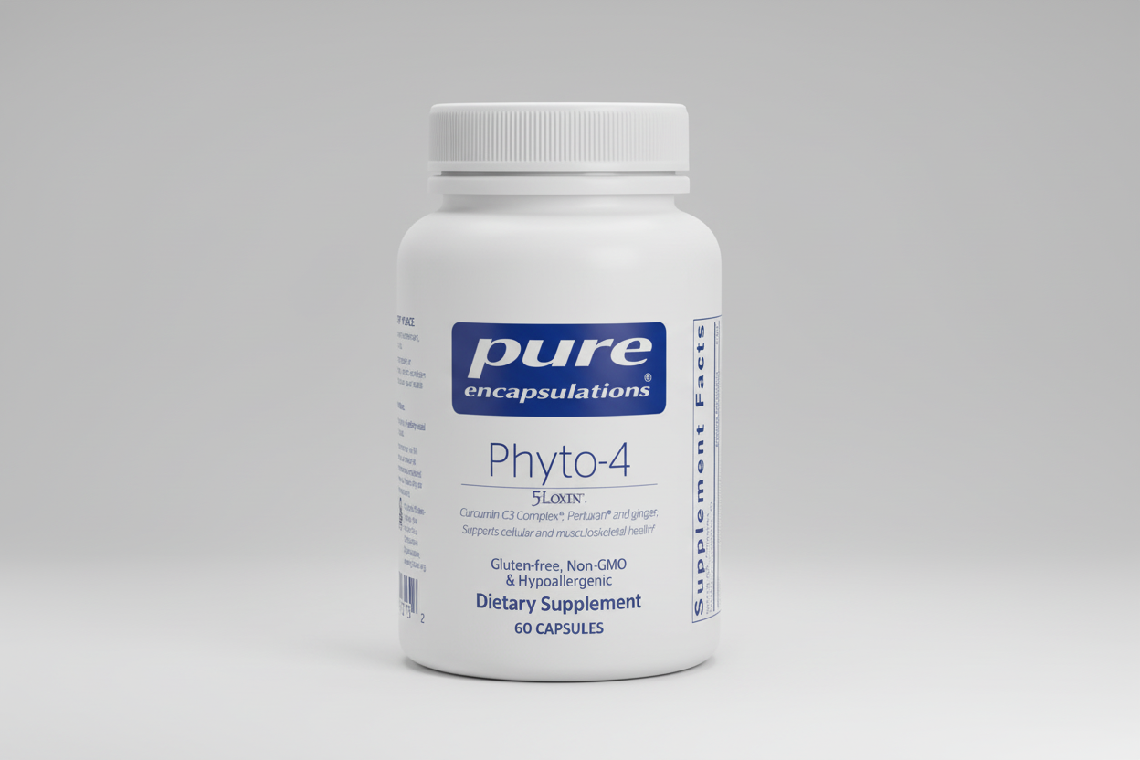 White supplement bottle labeled 'pure encapsulations Phyto-4' on a white background