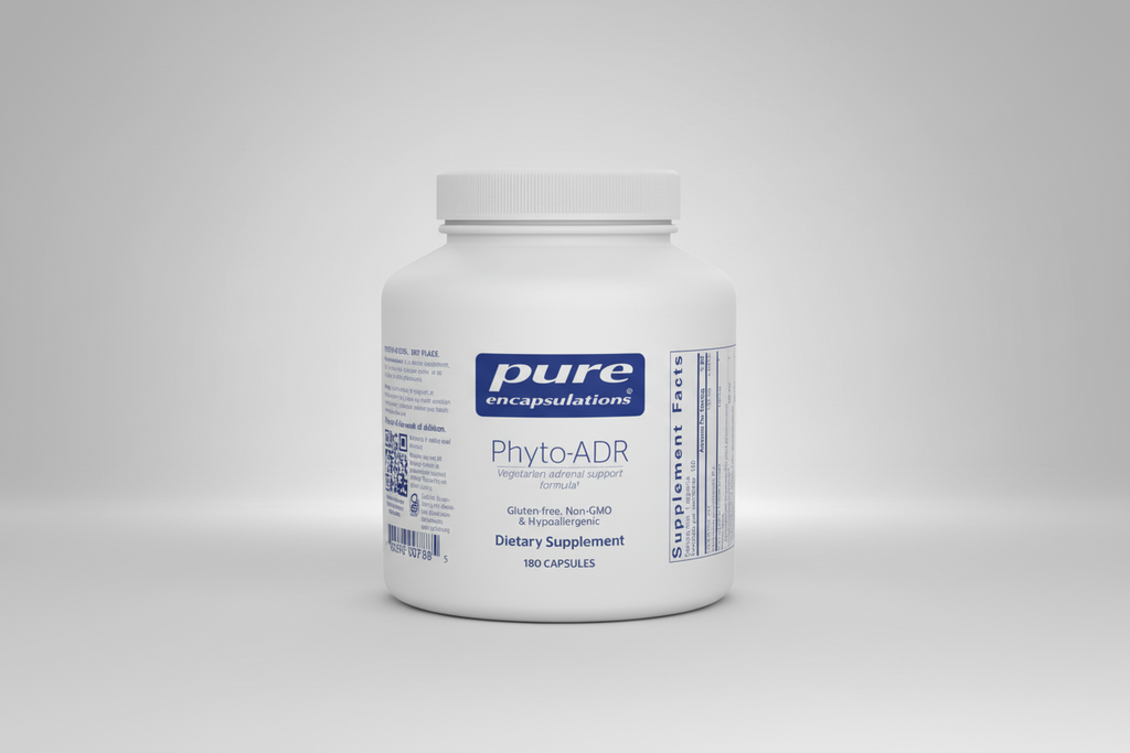 White supplement bottle labeled 'pure encapsulations Phyto-ADR' on a white background