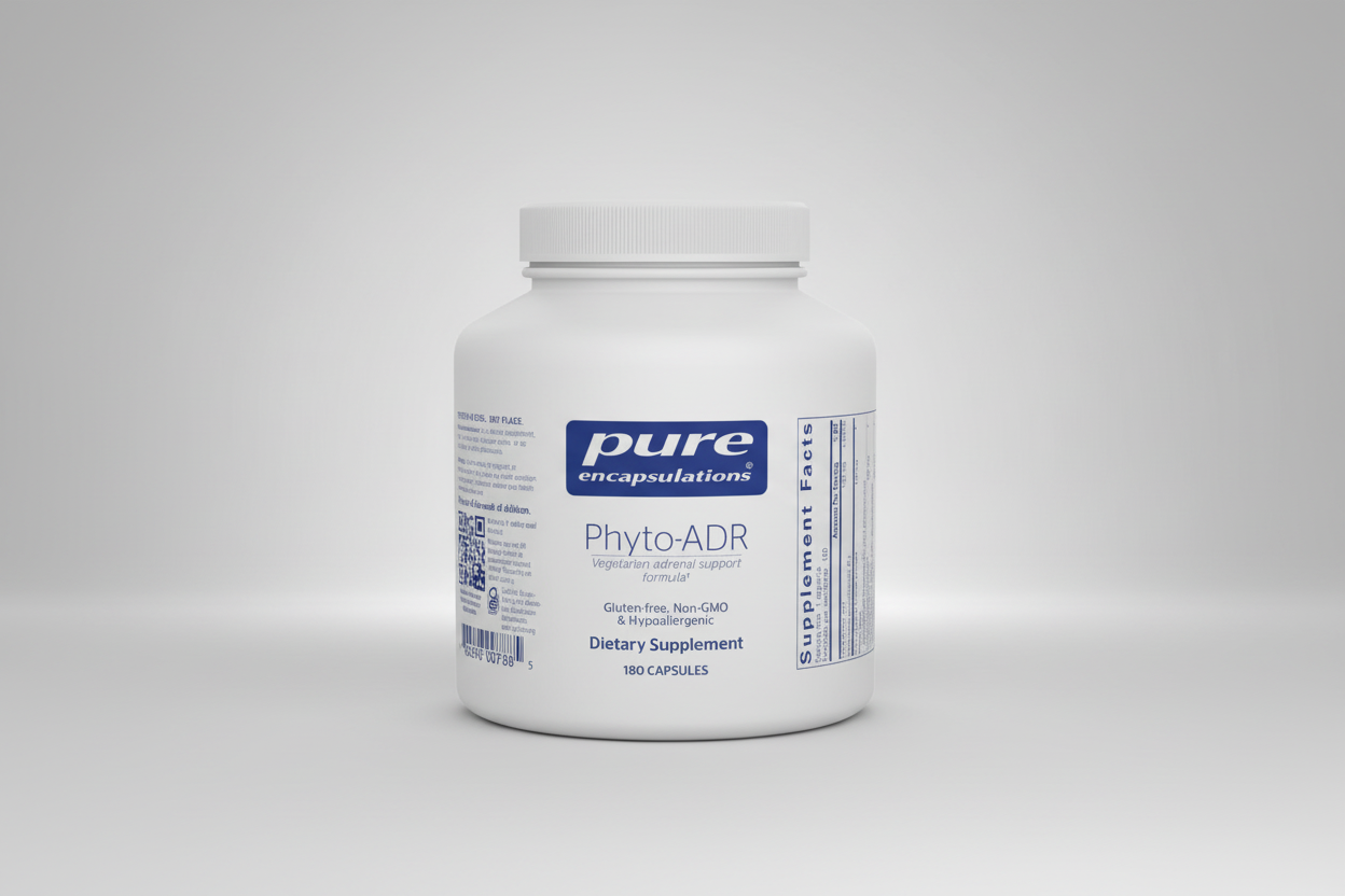 White supplement bottle labeled 'pure encapsulations Phyto-ADR' on a white background