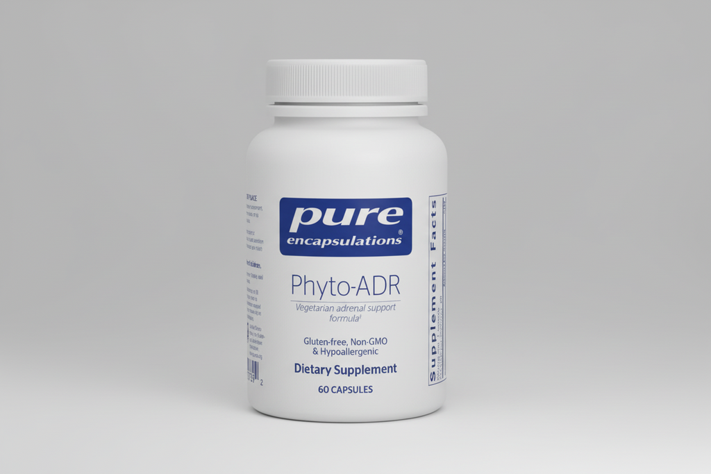 White supplement bottle labeled 'pure encapsulations Phyto-ADR' on a white background