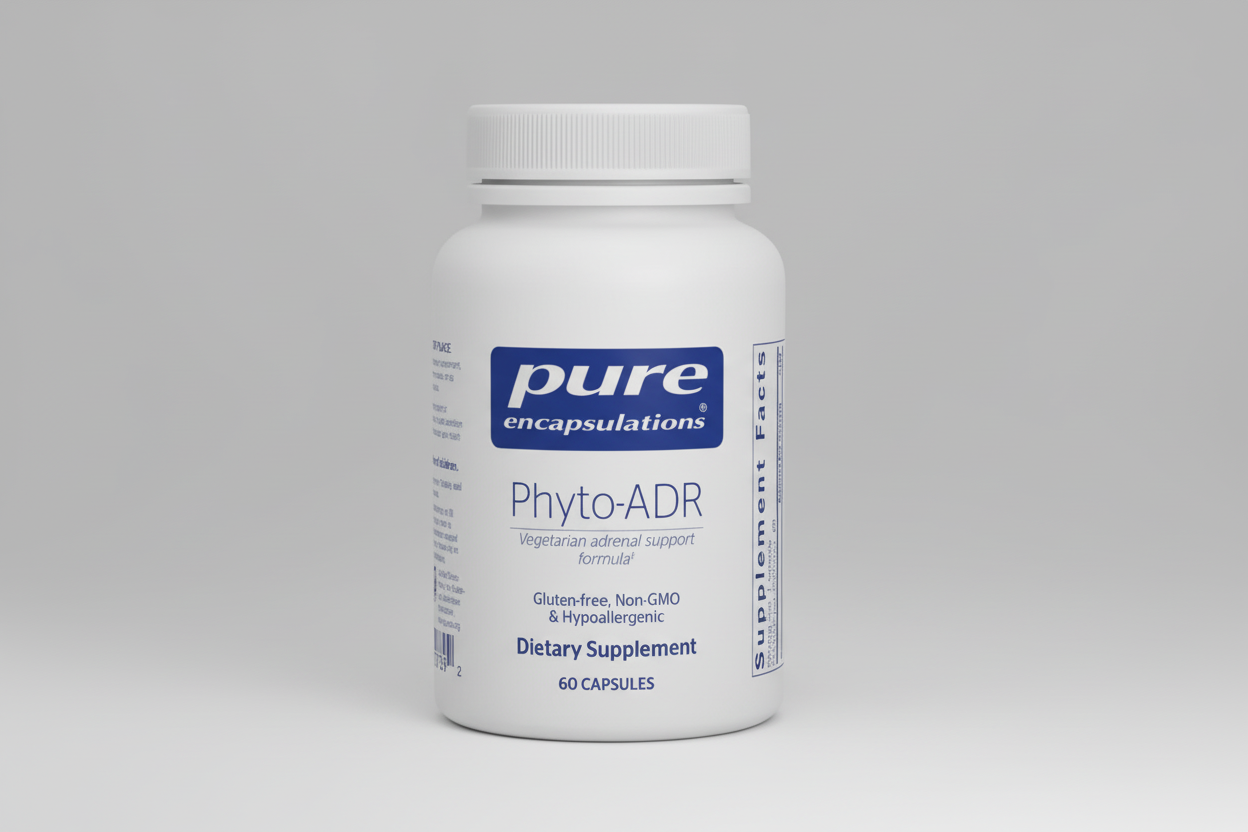 White supplement bottle labeled 'pure encapsulations Phyto-ADR' on a white background