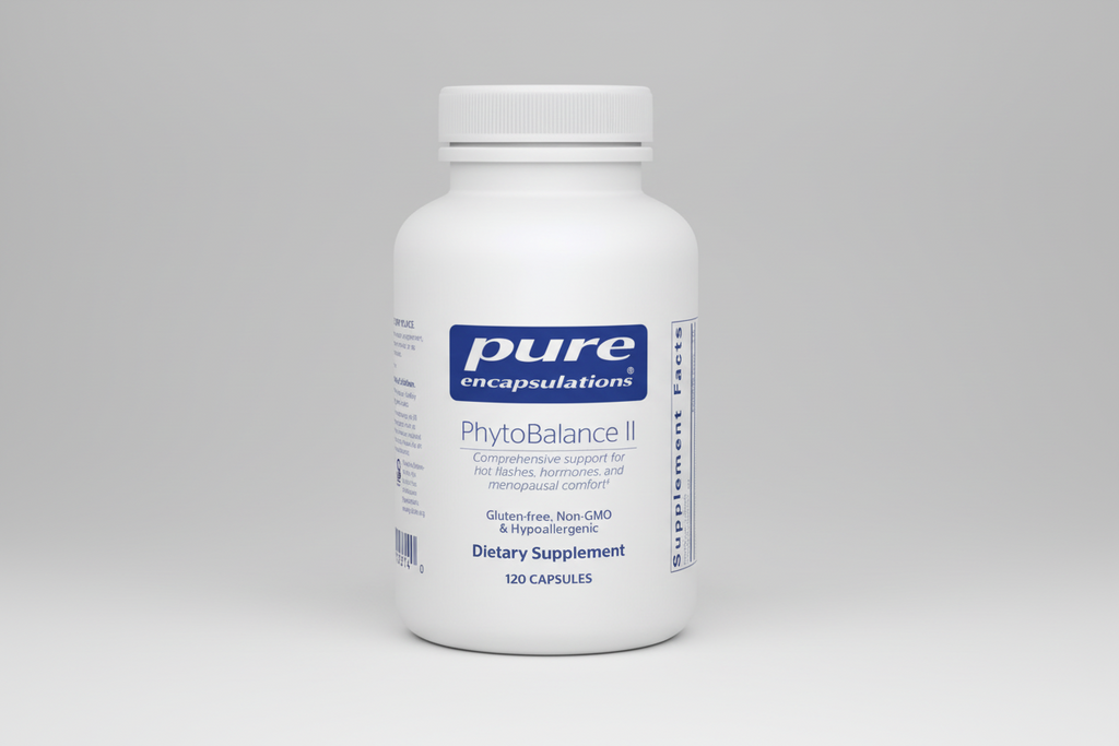 White supplement bottle labeled 'pure encapsulations PhytoBalance II' on a white background