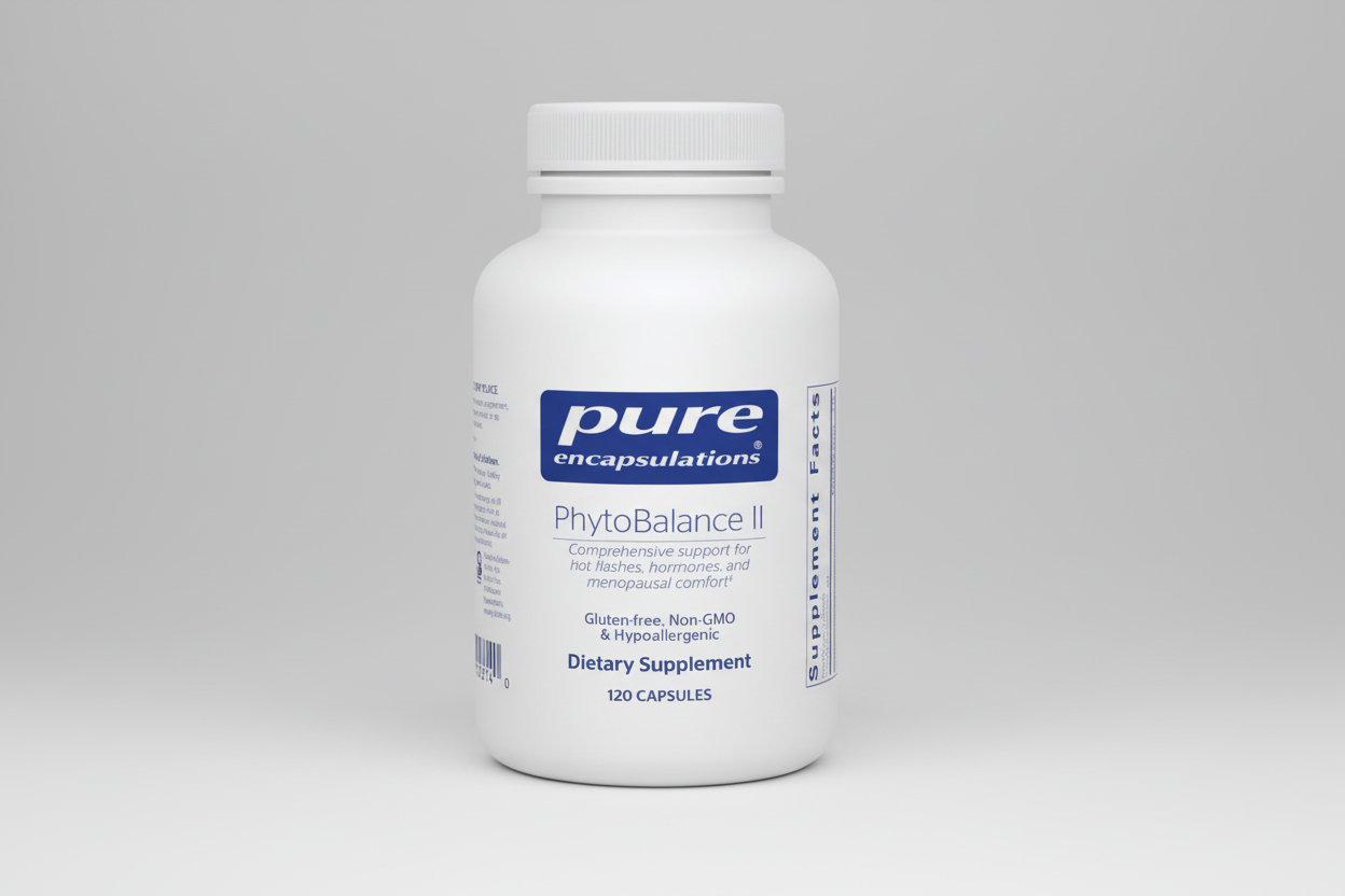 White supplement bottle labeled 'pure encapsulations PhytoBalance II' on a white background