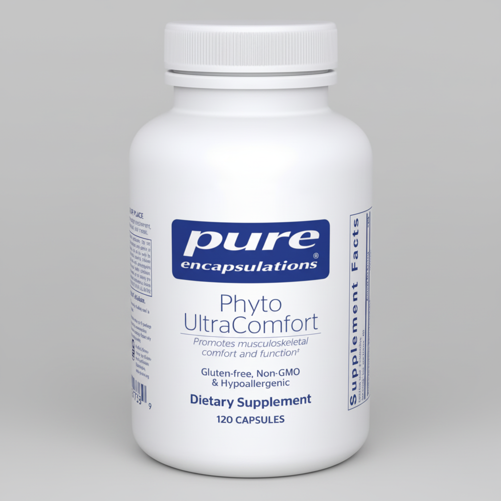 White supplement bottle labeled 'pure encapsulations Phyto UltraComfort' on a white background