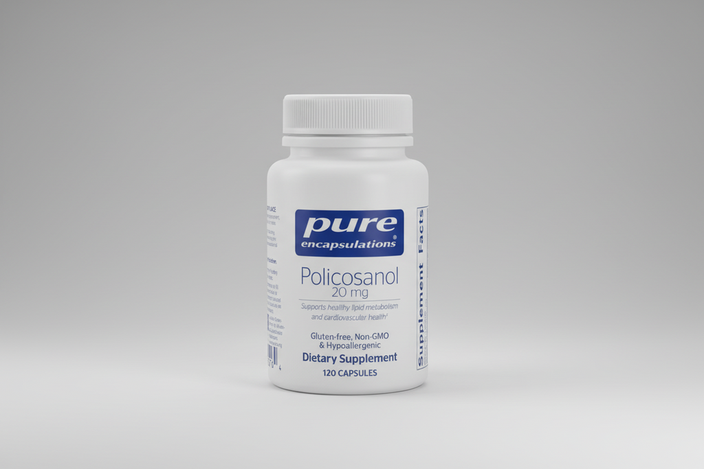 Supplement bottle labeled 'pure encapsulations Policosanol 20 mg' on a white background