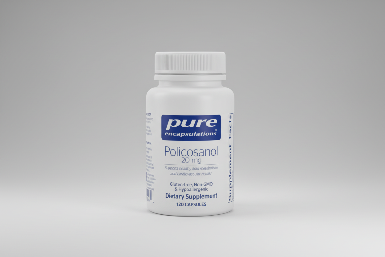 Supplement bottle labeled 'pure encapsulations Policosanol 20 mg' on a white background