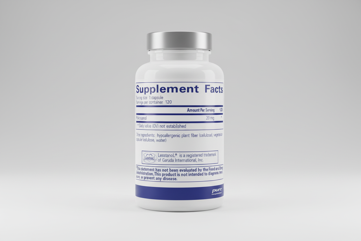 Supplement facts label for a product containing Policosanol with branding information.