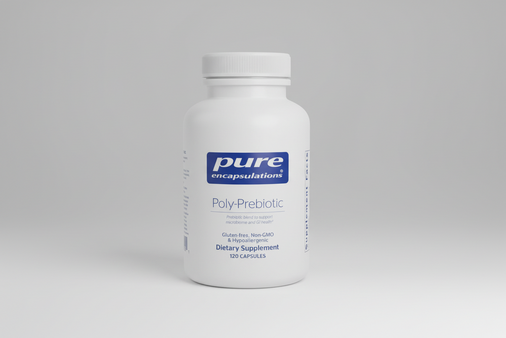 White bottle of pure encapsulations Poly-Prebiotic dietary supplement on a white background