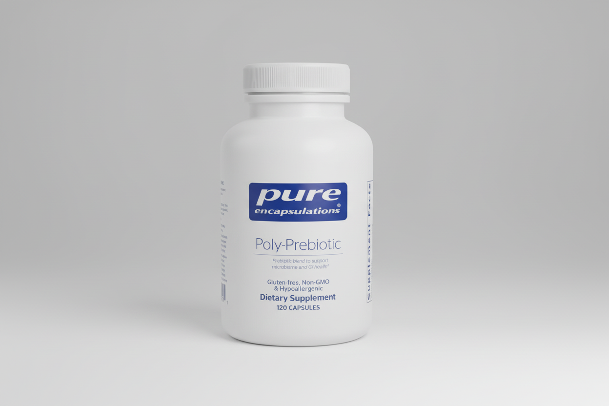 White bottle of pure encapsulations Poly-Prebiotic dietary supplement on a white background