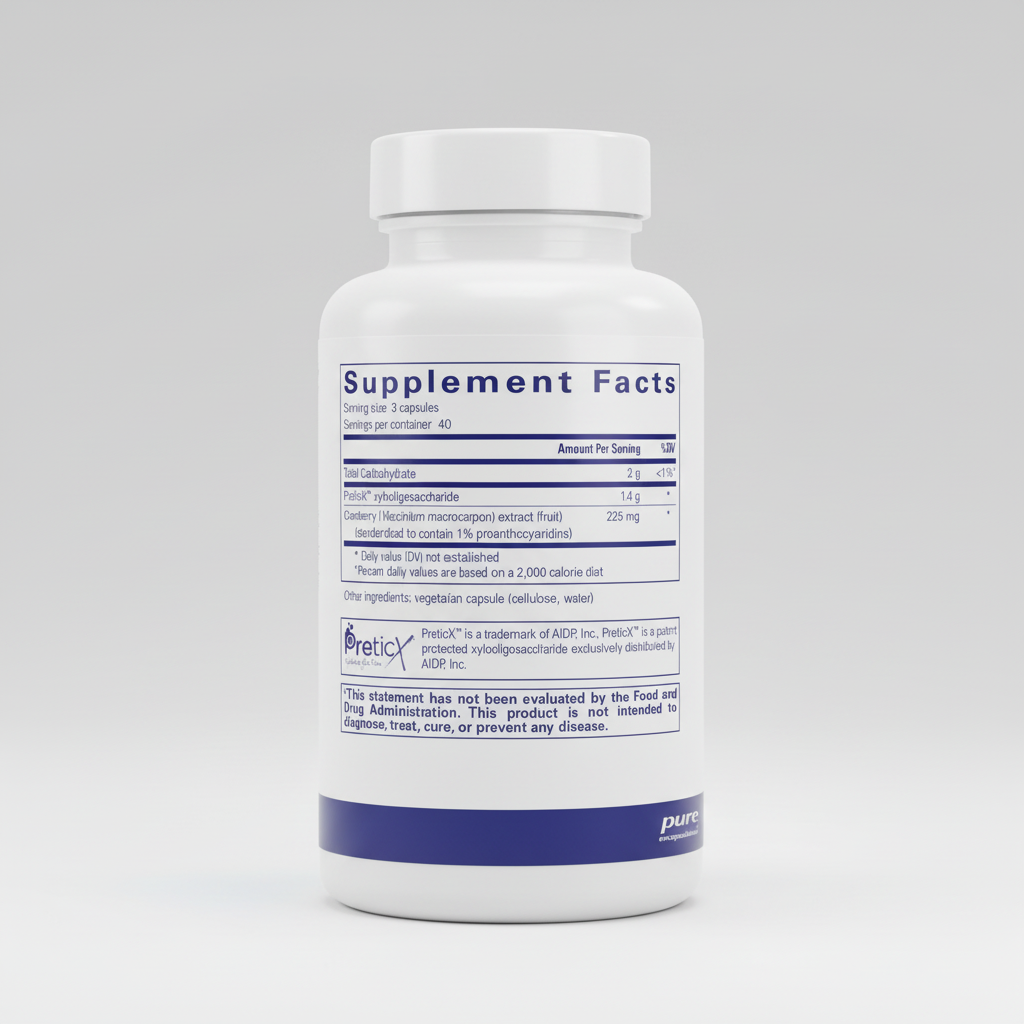 Supplement facts label with PreticX and pure encapsulations branding on a white background