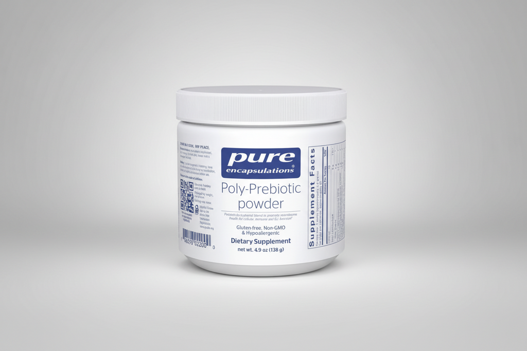 Container of pure encapsulations Poly-Prebiotic powder on a white background