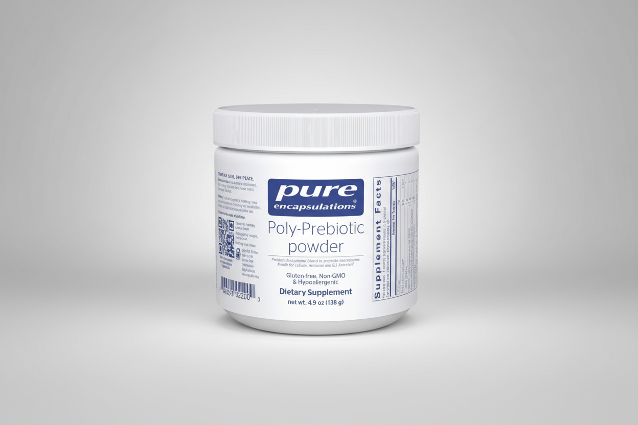 Container of pure encapsulations Poly-Prebiotic powder on a white background