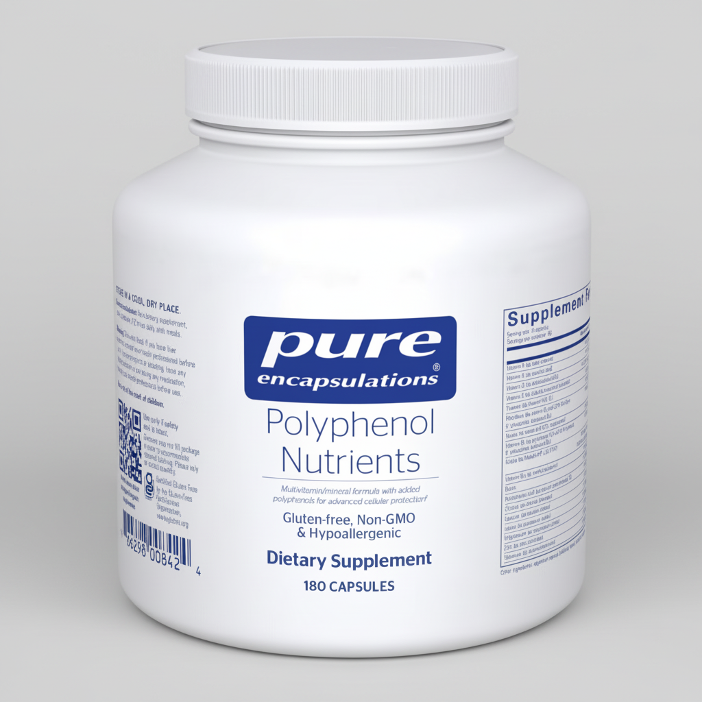 White supplement bottle labeled 'pure encapsulations Polyphenol Nutrients' on a white background