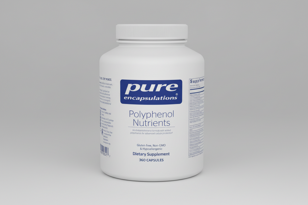 White supplement container labeled 'pure encapsulations Polyphenol Nutrients' on a white background