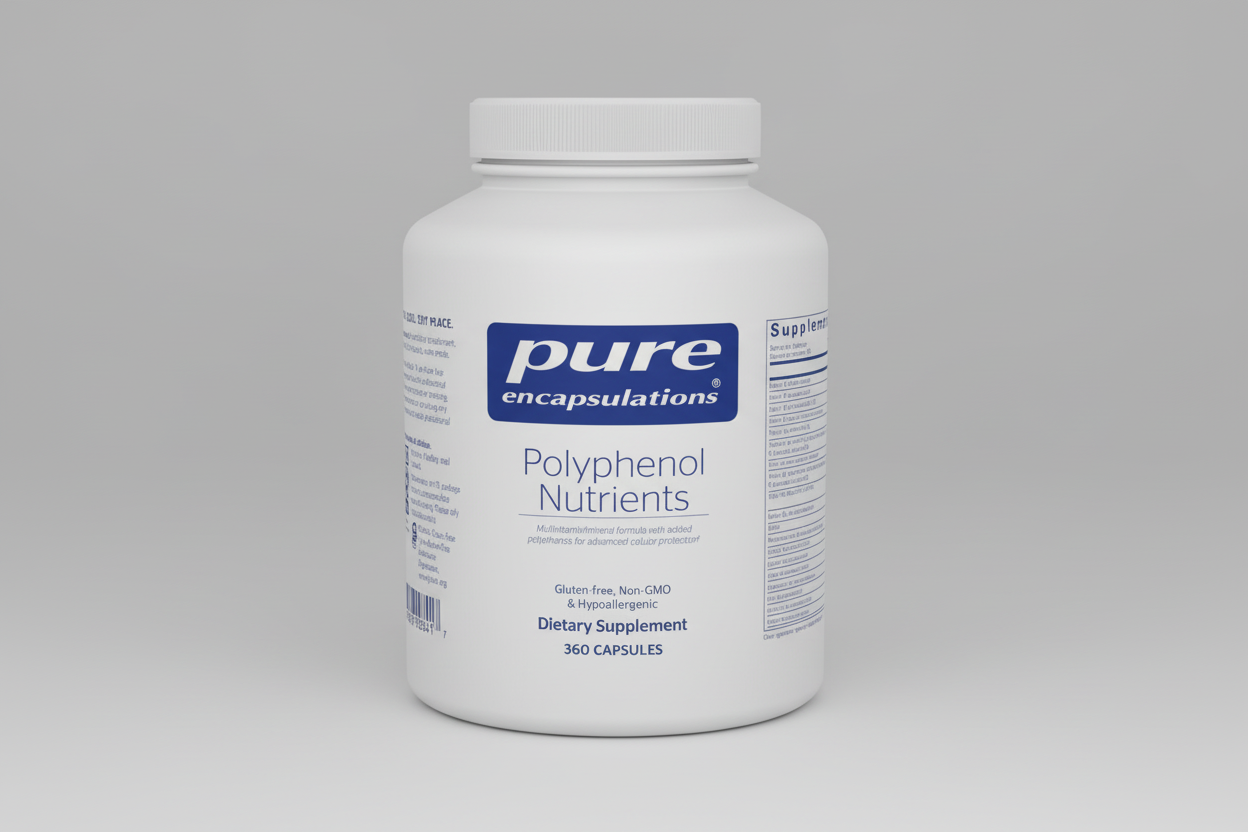 White supplement container labeled 'pure encapsulations Polyphenol Nutrients' on a white background