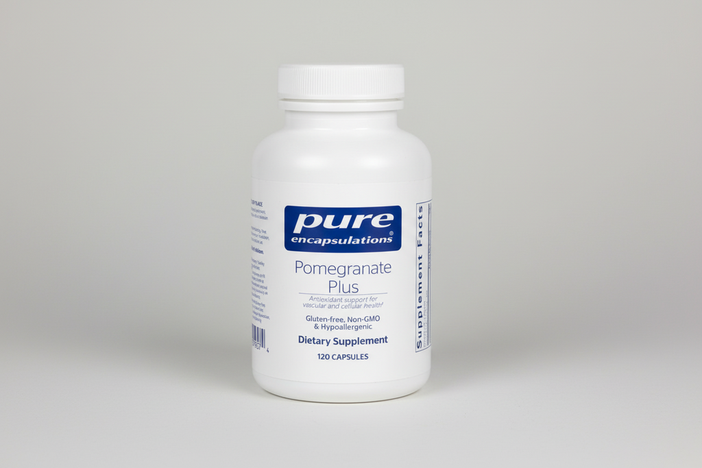 White supplement bottle labeled 'pure encapsulations Pomegranate Plus' on a white background