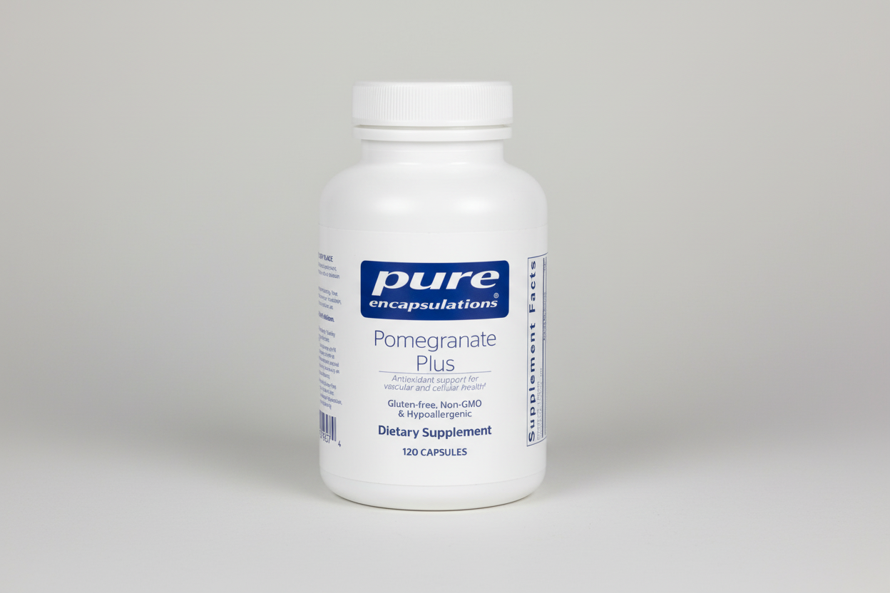 White supplement bottle labeled 'pure encapsulations Pomegranate Plus' on a white background