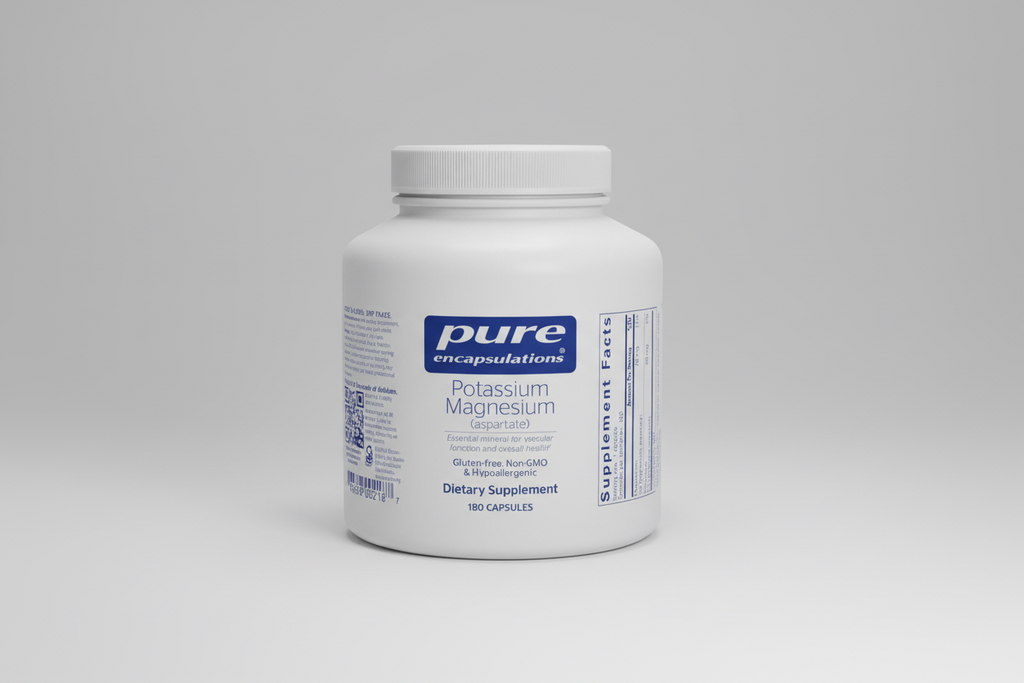 White supplement container labeled 'pure encapsulations' with potassium magnesium aspartate on a white background