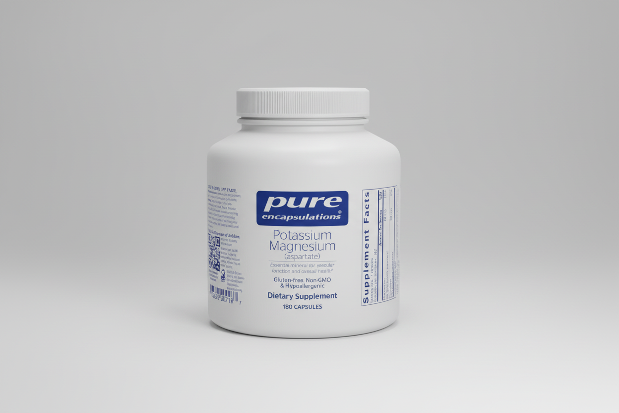 White supplement container labeled 'pure encapsulations' with potassium magnesium aspartate on a white background
