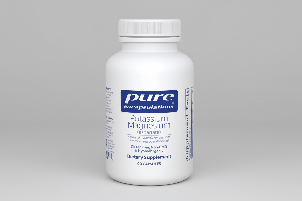 White supplement bottle labeled 'pure encapsulations Potassium Magnesium' on a white background
