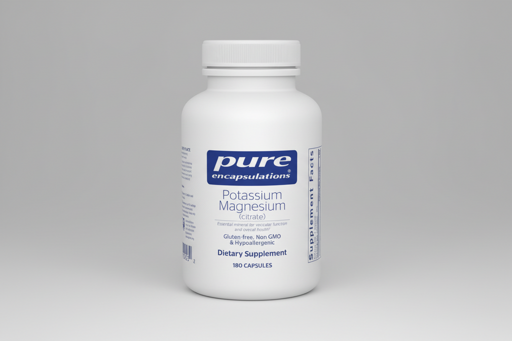 Supplement bottle labeled 'pure encapsulations Potassium Magnesium' on a white background