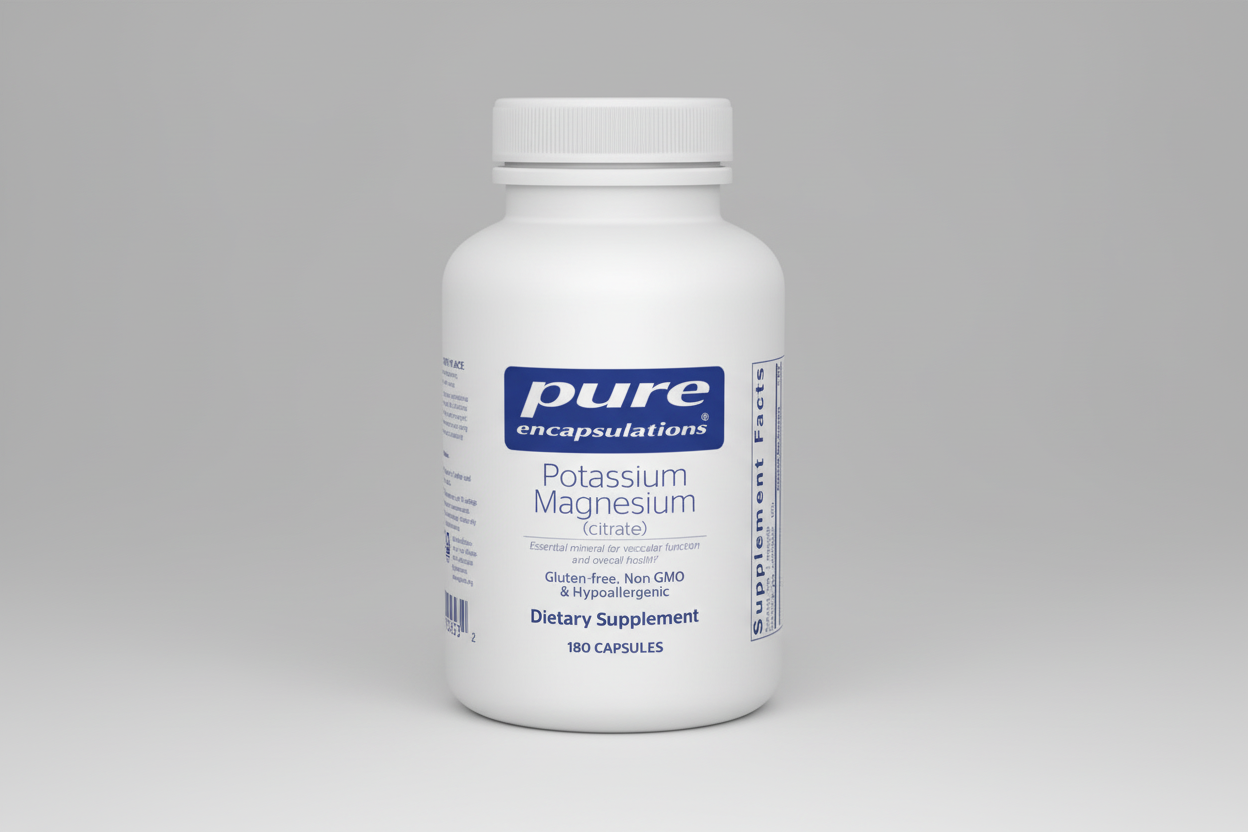 Supplement bottle labeled 'pure encapsulations Potassium Magnesium' on a white background