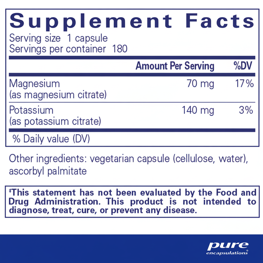 Supplement facts label for a capsule product with magnesium and potassium content, branded as pure encapsulations.