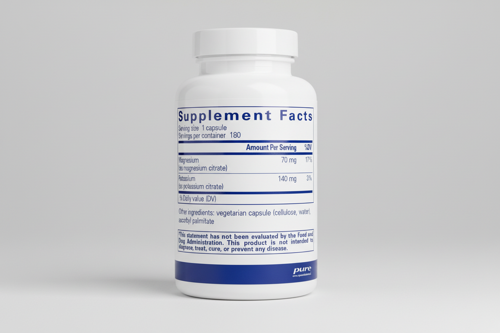 Supplement facts label for a capsule product with magnesium and potassium content, branded as pure encapsulations.