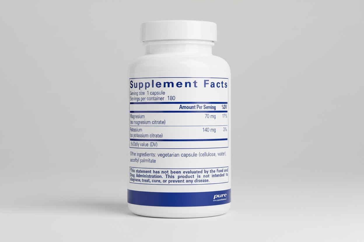 Supplement facts label for a capsule product with magnesium and potassium content, branded as pure encapsulations.