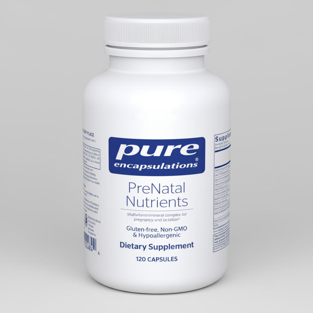 White bottle of pure encapsulations PreNatal Nutrients dietary supplement on a white background